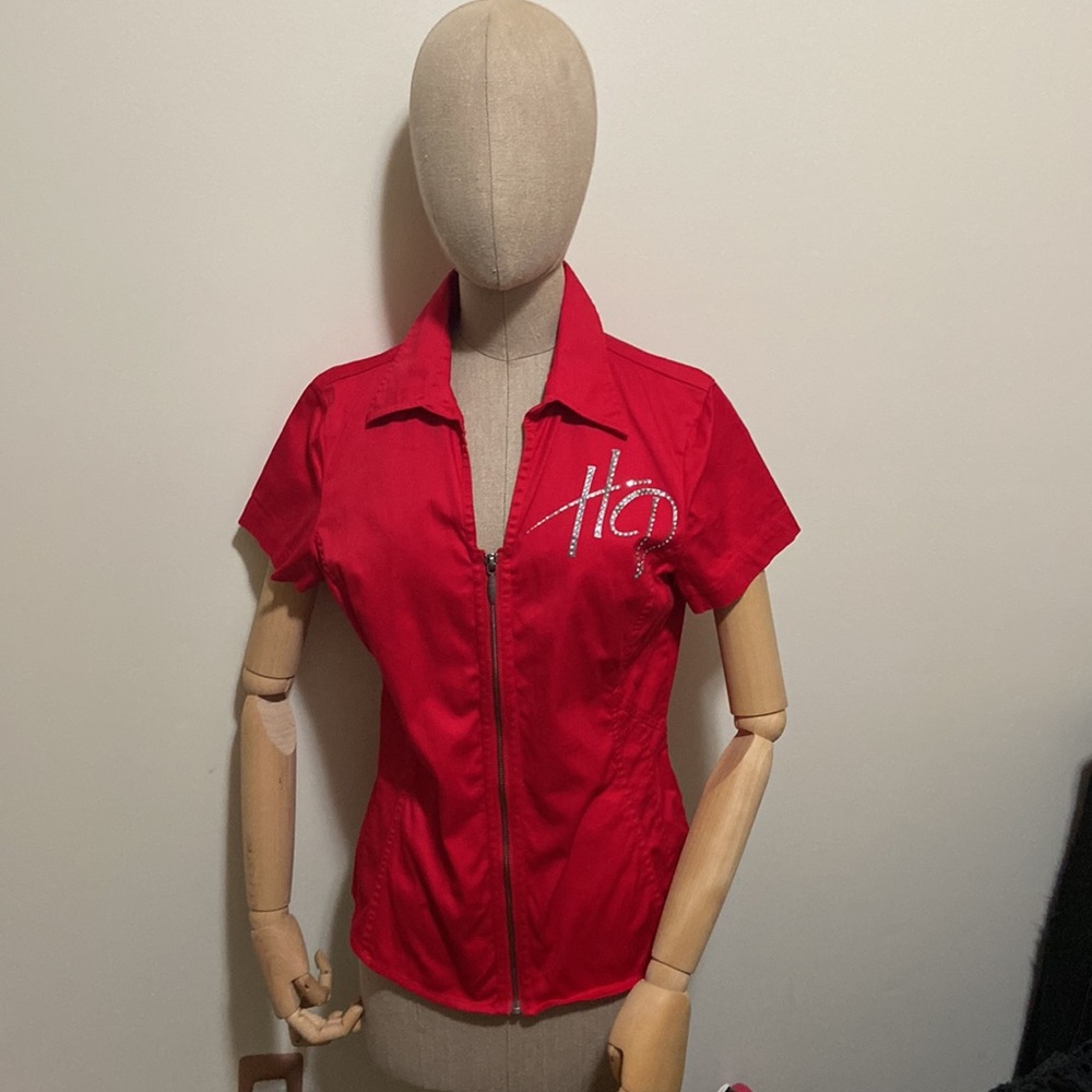 Harley~Davison Red woman’s short sleeve sequin shirt . D2